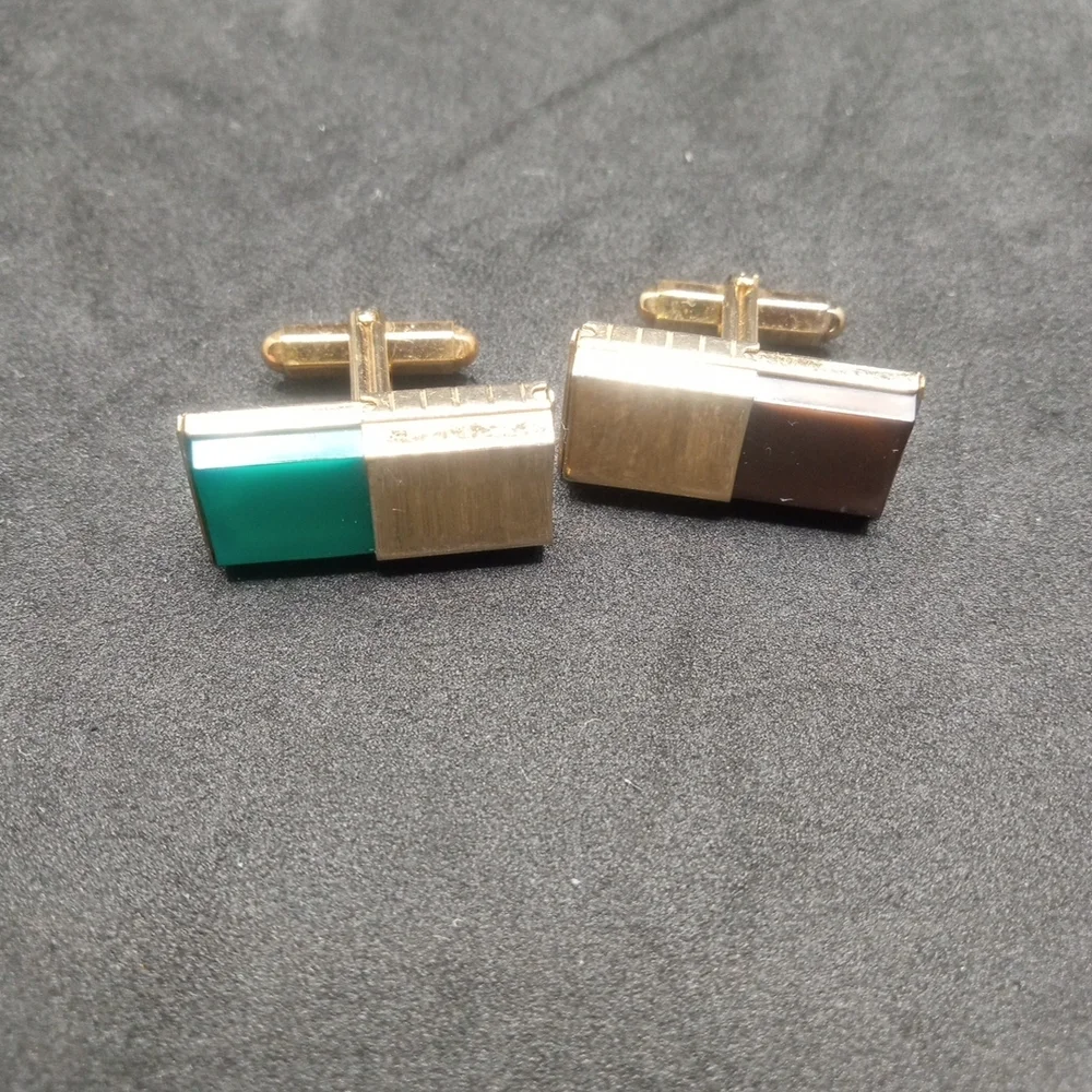 Vintage Cufflinks Green And Brown Adjustable Gold Tone By Kreisler Craft USA